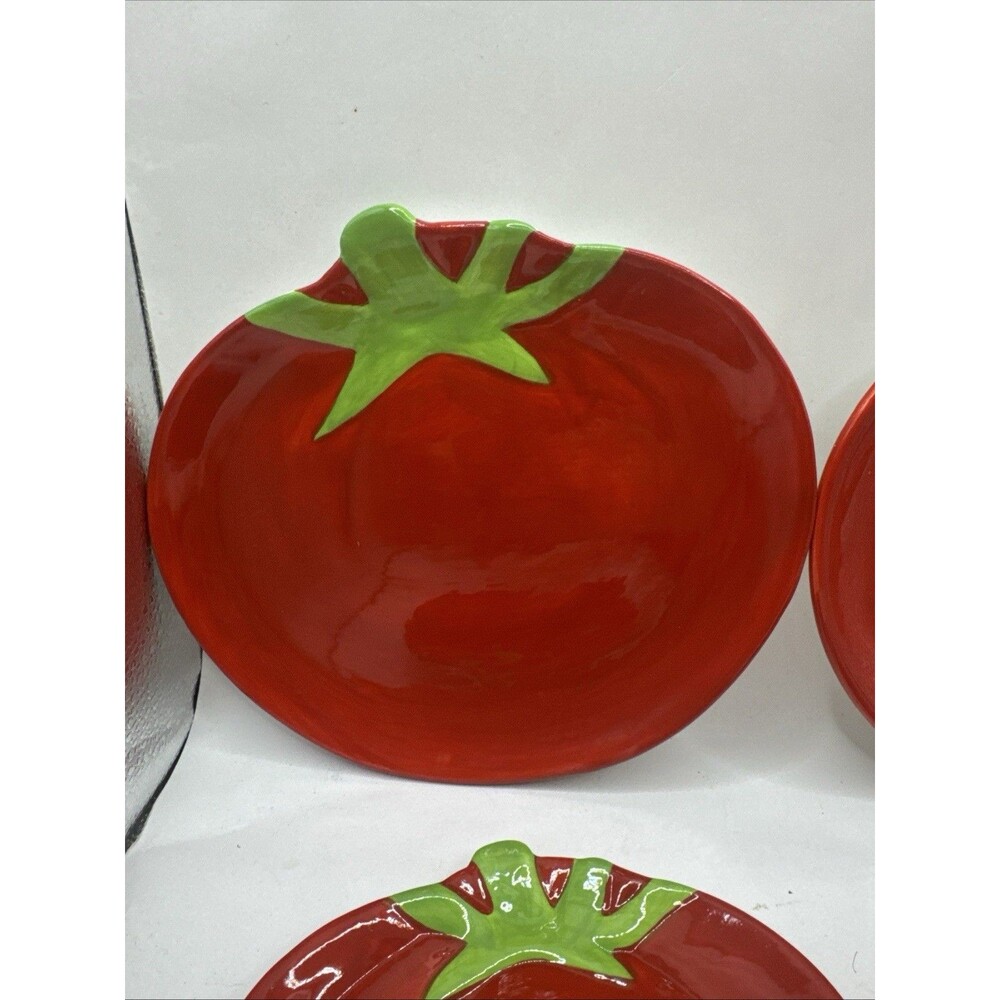 New 4 Red Tomato Shaped Tidbit Plates Ceramic Garden Veg Food Whimsy - Picture 5 of 7